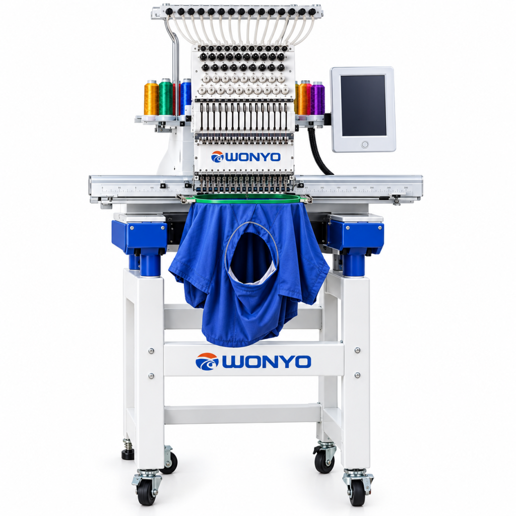 Computerized Embroidery Machine with Blue Fabric and Spools of Thread
