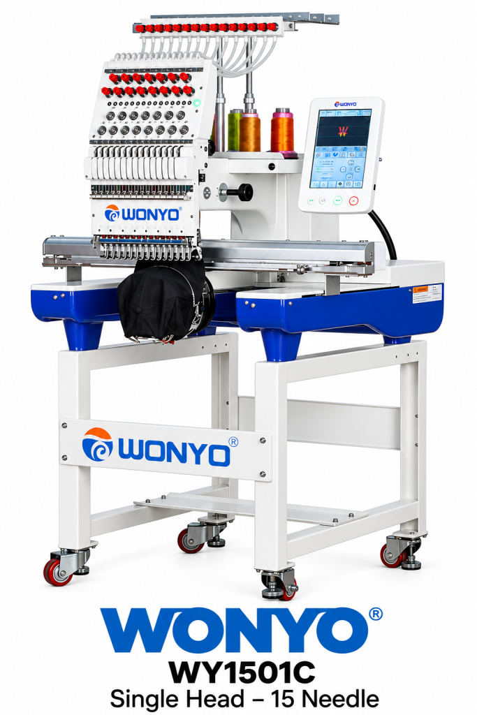 Single Head Embroidery Machine with Thread Spools and Digital Display
