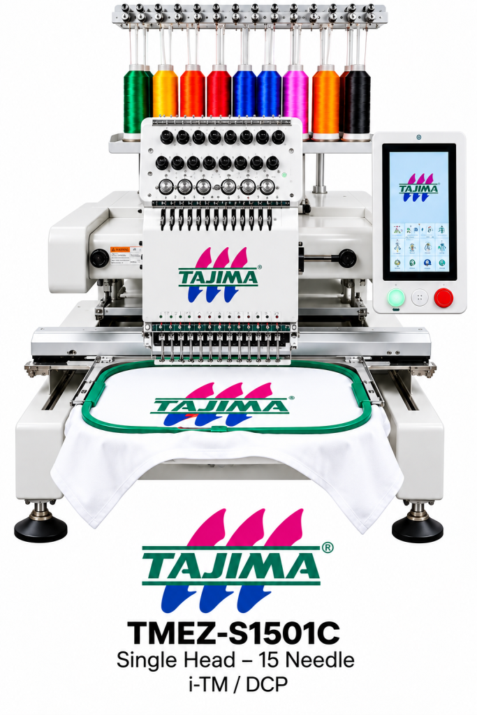 Modern Embroidery Machine with Colorful Threads and Digital Display